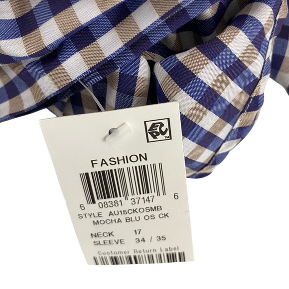 Alfani Mens Button Up Shirt Size XL 17 34/35 Fitted Performance Navy Tan Check - Picture 5 of 15